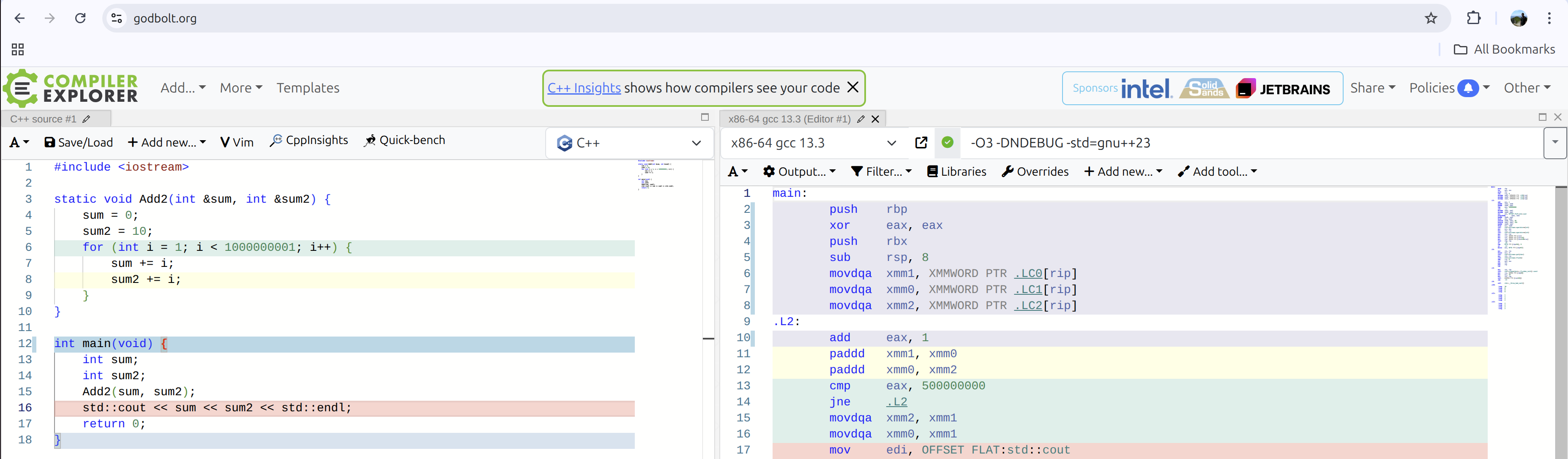 A screenshot of Compiler Explorer - Add2