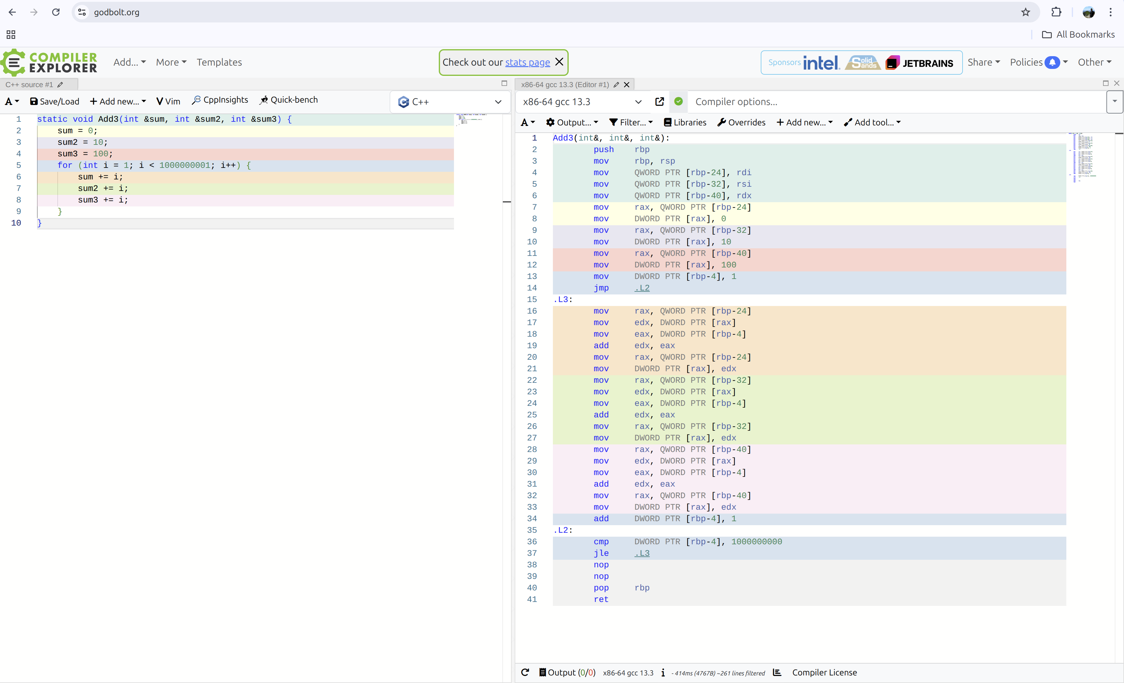 A screenshot of Compiler Explorer