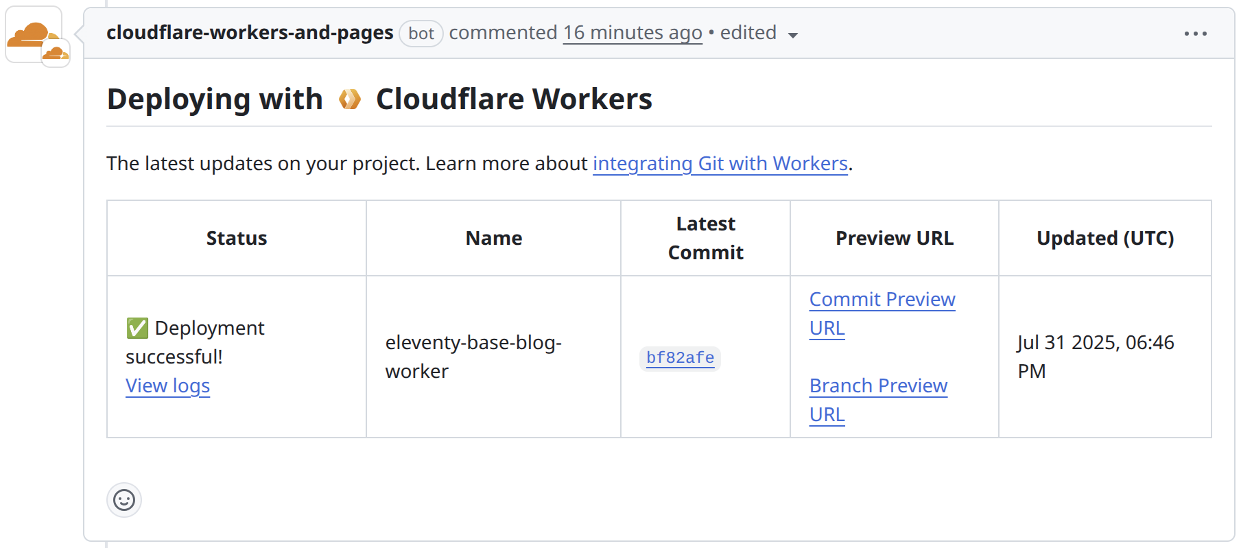 A screenshot of Cloudflare's preview urls on PR including Branch Preview URL