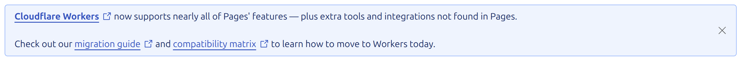 A screenshot of Cloudflare's banner to remind about Pages to Workers migration