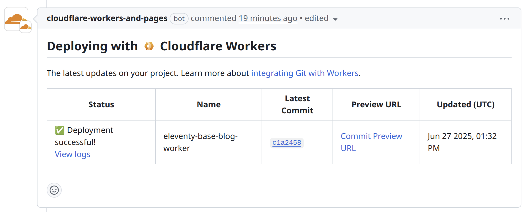 A screenshot of Cloudflare's preview urls on PR