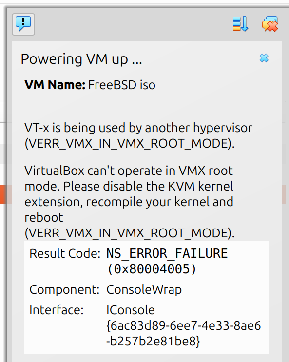 A screenshot of VirtualBox error message.